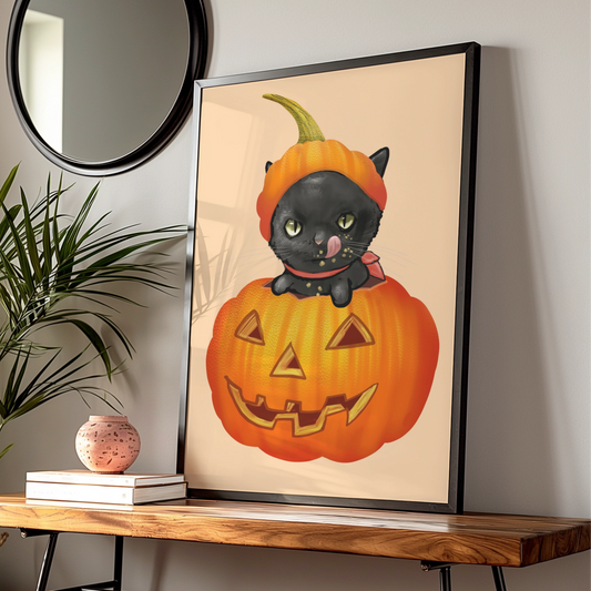 Halloween Black Cat Pumpkin Poster, Jack O Lantern Cat Wall Art Print