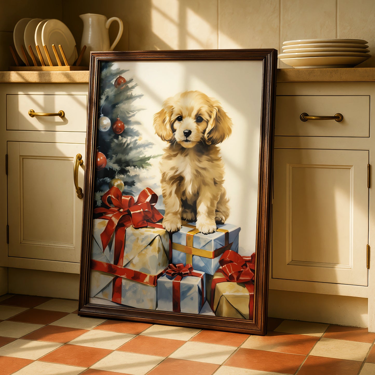 Christmas Puppy Poster, Golden Dog with Gifts Art Print, Festive Xmas Wall Decor
