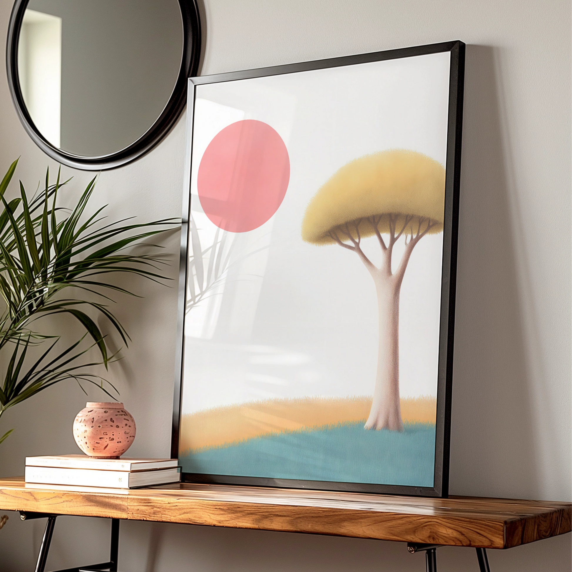 Nursery Wall Art Tree Print, Pink Sun Poster, Minimalist Kids Room Decor, Pastel Colours