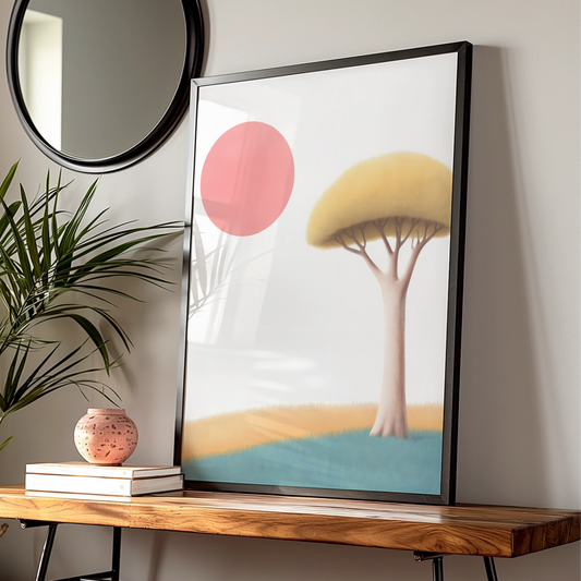 Nursery Wall Art Tree Print, Pink Sun Poster, Minimalist Kids Room Decor, Pastel Colours