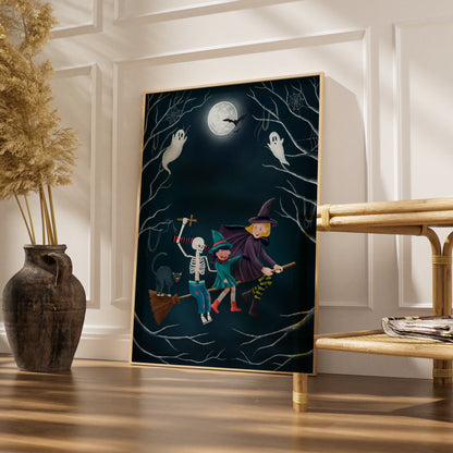 Halloween Witch Poster, Spooky Wall Art, Skeleton Ghost Black Cat Full Moon Print