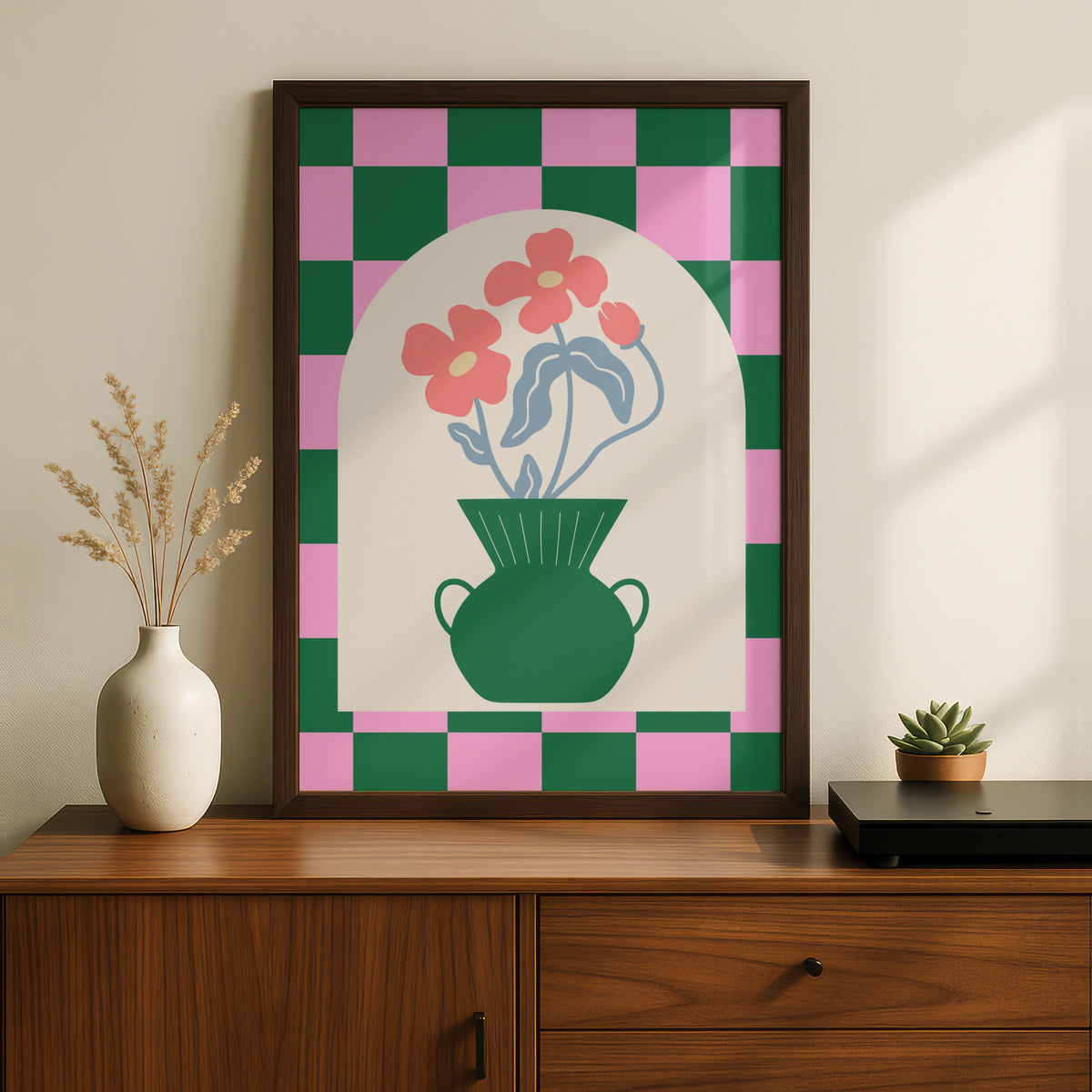 Maximalist Floral Vase Poster, Bold Checkerboard Wall Art, Pink Green Flower Print