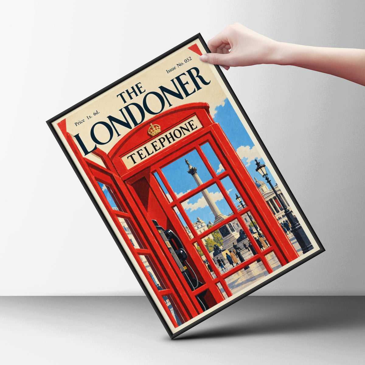 London Red Telephone Box Poster, Trafalgar Square Wall Art, Vintage Magazine Cover Art Print