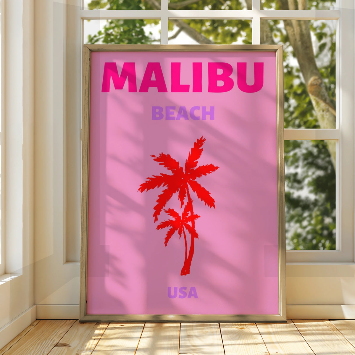 Malibu Beach Travel Poster, California Wall Art, Retro USA Palm Tree Print