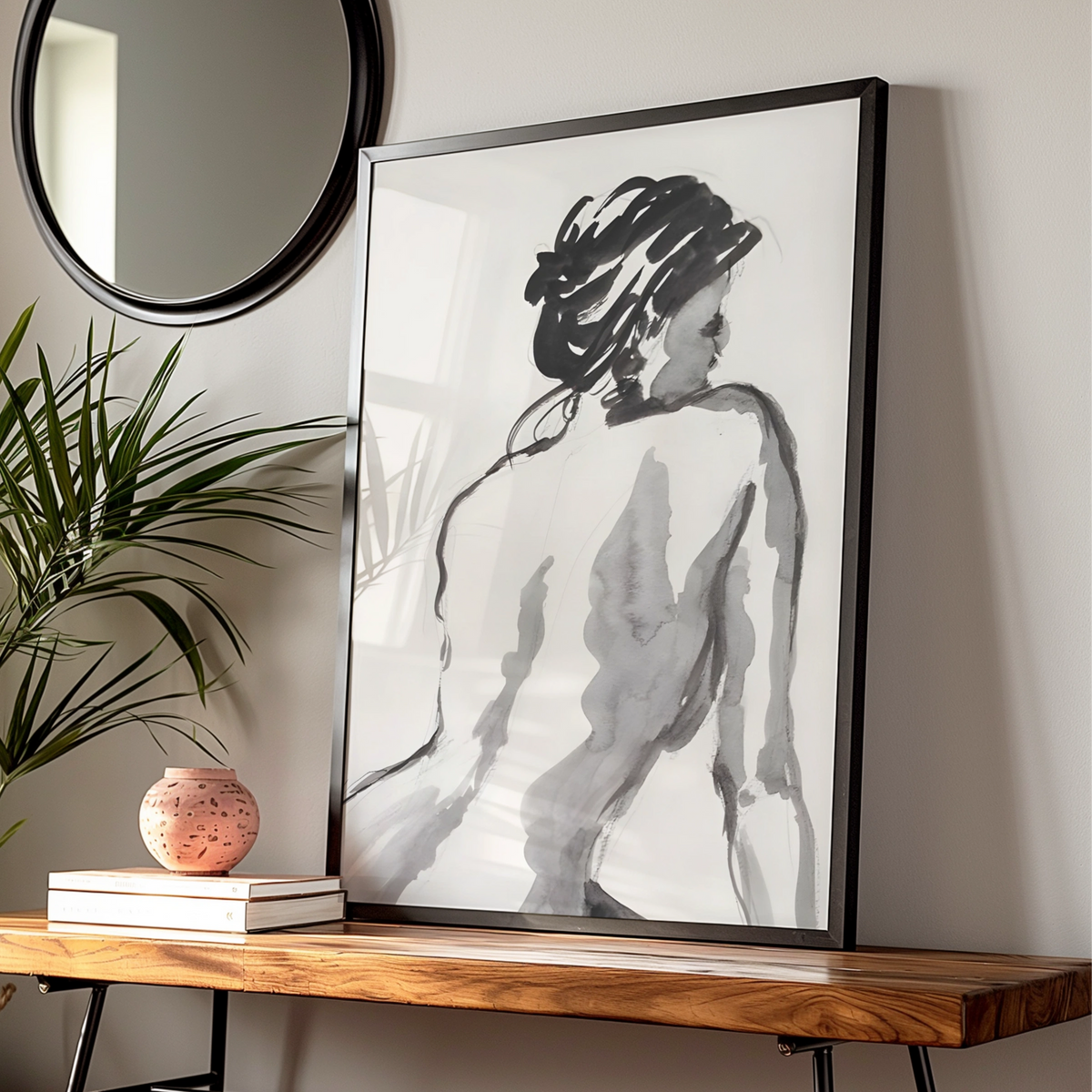 Female Figure Ink Sketch Print, Monochrome Wall Art, Minimalist Black and White Poster
