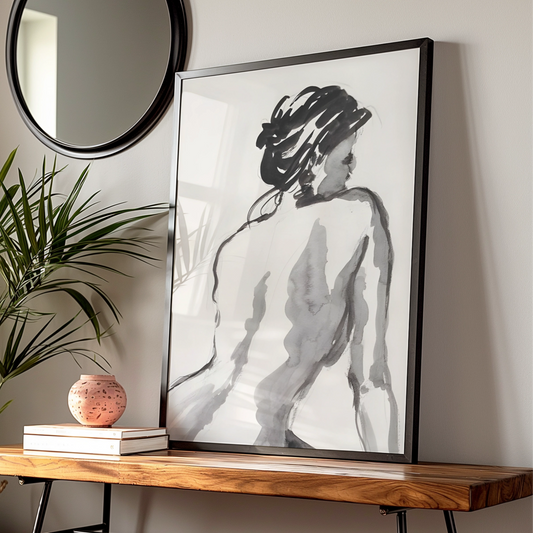 Female Figure Ink Sketch Print, Monochrome Wall Art, Minimalist Black and White Poster