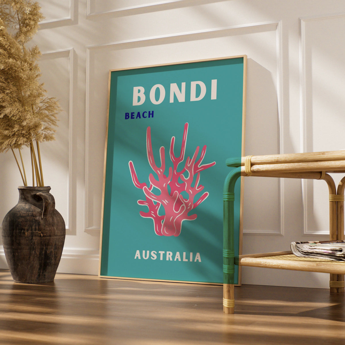 Bondi Beach Australia Travel Poster, Retro Coastal Wall Art, Teal Coral Print