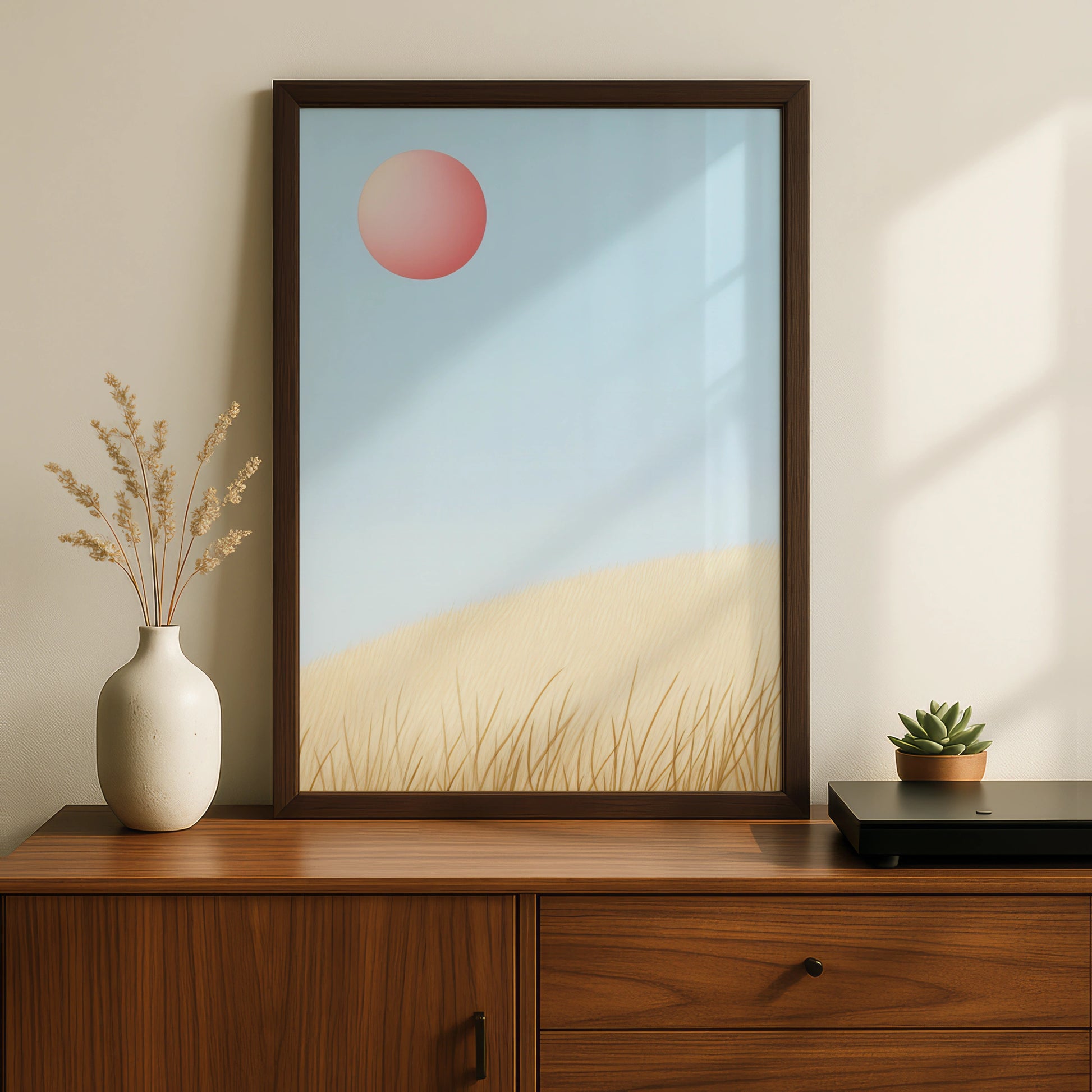 Nursery Wall Art Pink Sun Blue Sky, Minimalist Grass Landscape Print, Baby Room Poster