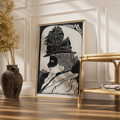 Halloween Masquerade Mask Poster, Black White Woodcut Wall Art, Vintage Witch Print