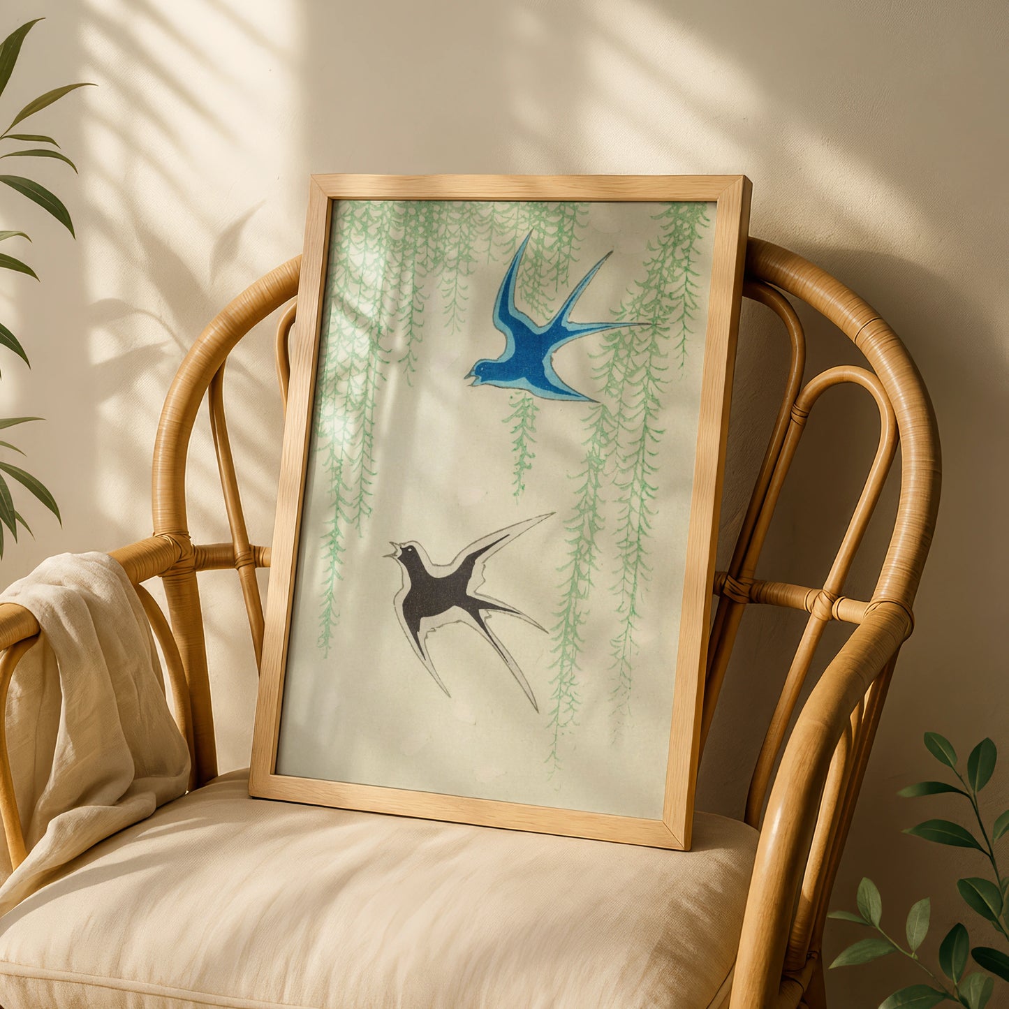 Japanese Swallow Wall Art, Vintage Woodblock Bird Print, Japandi Willow Poster – A5 White frame