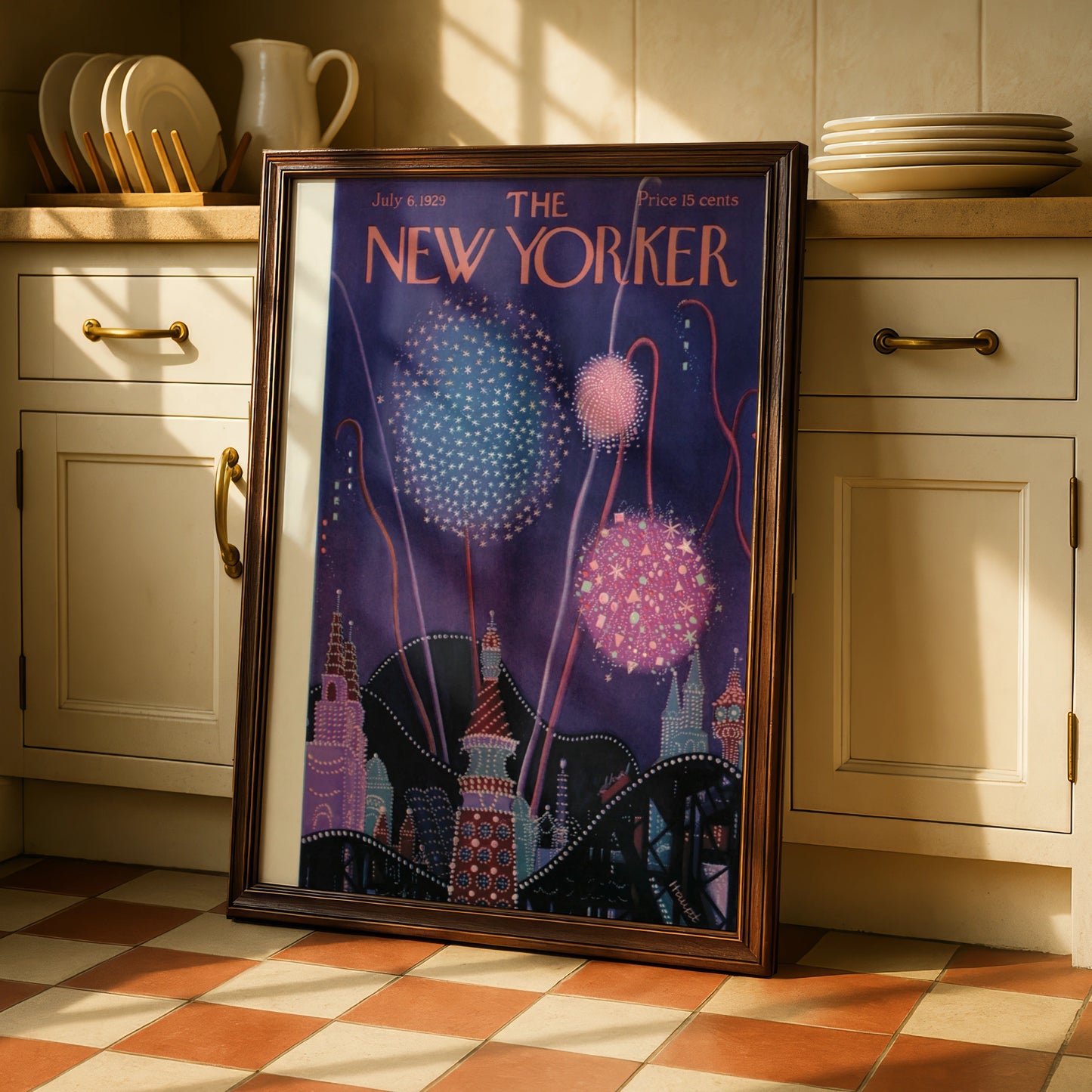 The New Yorker July 1929 Fireworks Cover Poster, Vintage Art Deco Night Sky Print