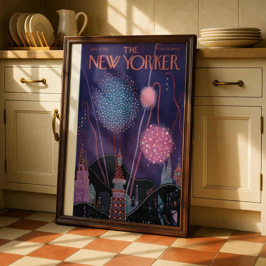 The New Yorker July 1929 Fireworks Cover Poster, Vintage Art Deco Night Sky Print