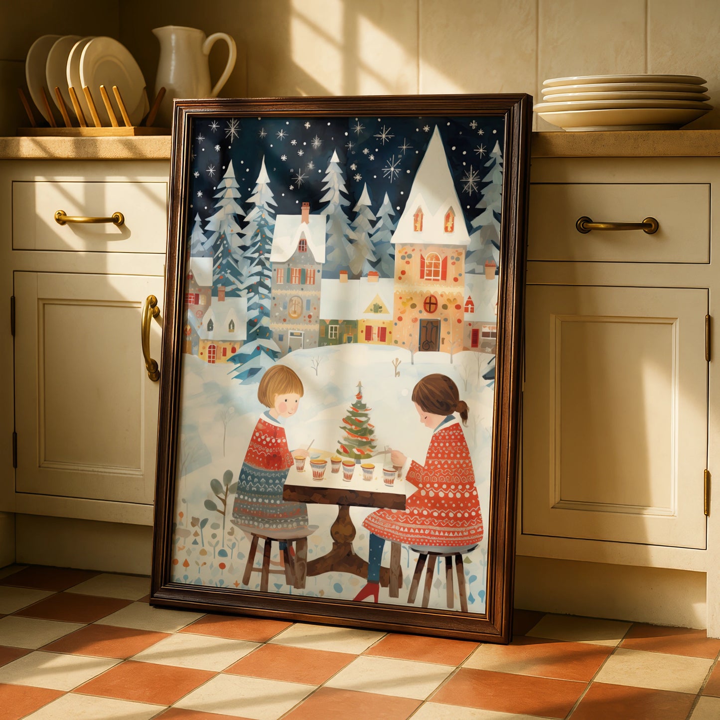 Christmas Village Poster, Festive Winter Scene, Children Holiday Wall Art, Snowy Xmas Print