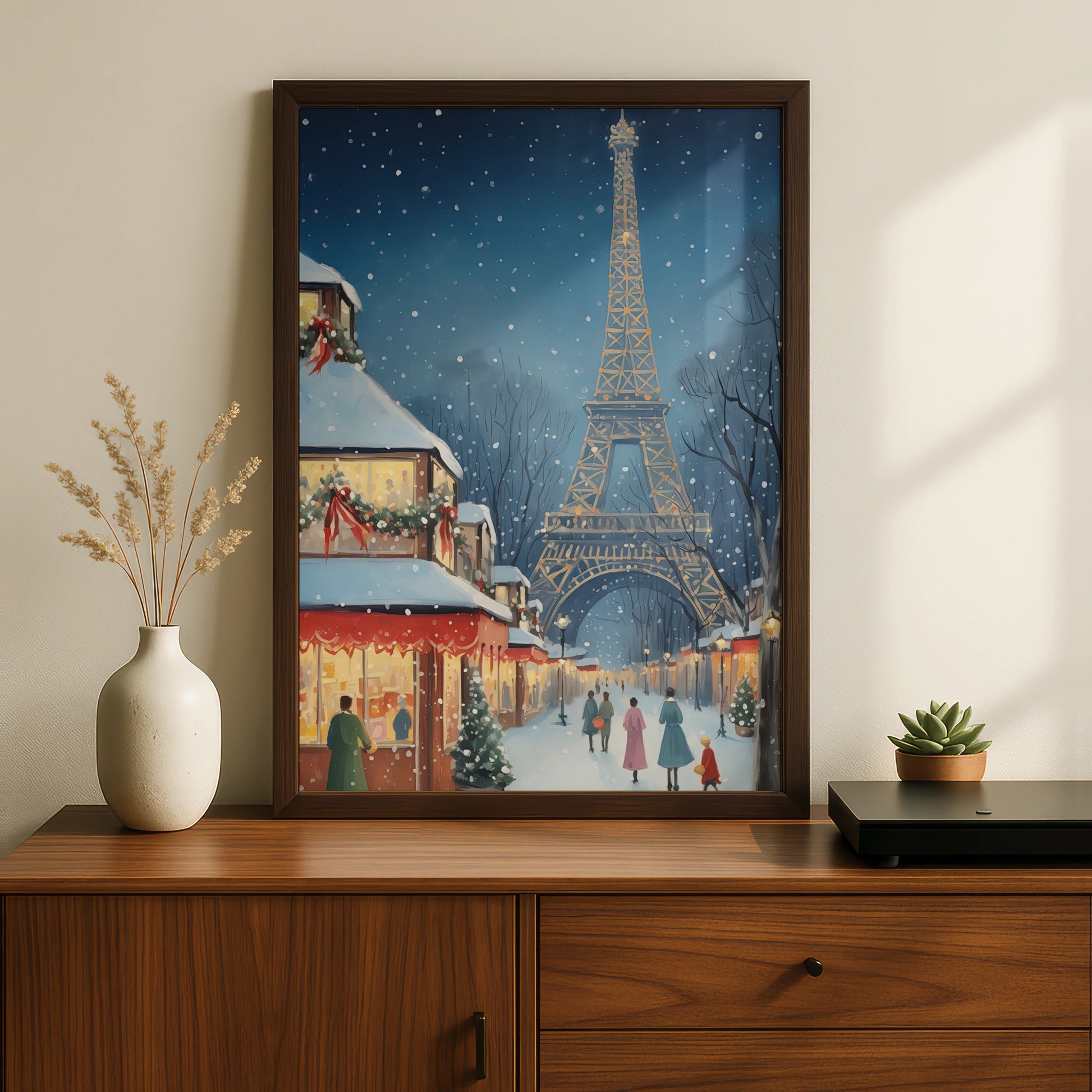 Paris Christmas Poster, Eiffel Tower Winter Snow Scene, French Holiday Wall Art Print