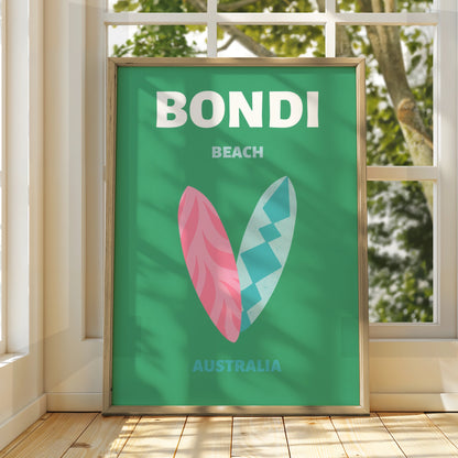 Bondi Beach Australia Travel Poster, Retro Surf Wall Art, Sydney Coastal Print