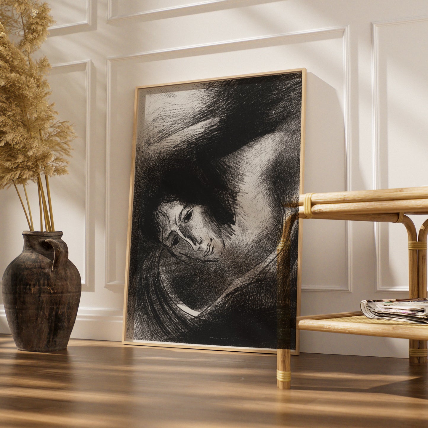 Halloween Gothic Face Art Print, Dark Surreal Poster, Odilon Redon Style, Black White Spooky Wall