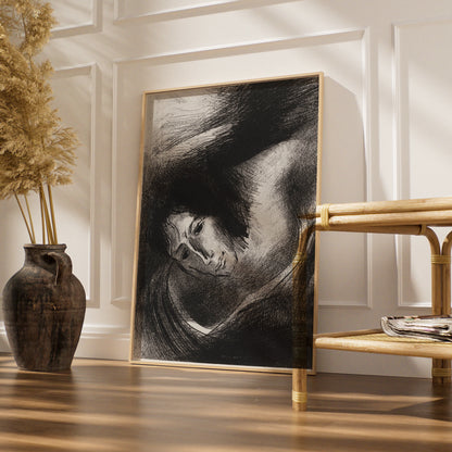 Halloween Gothic Face Art Print, Dark Surreal Poster, Odilon Redon Style, Black White Spooky Wall
