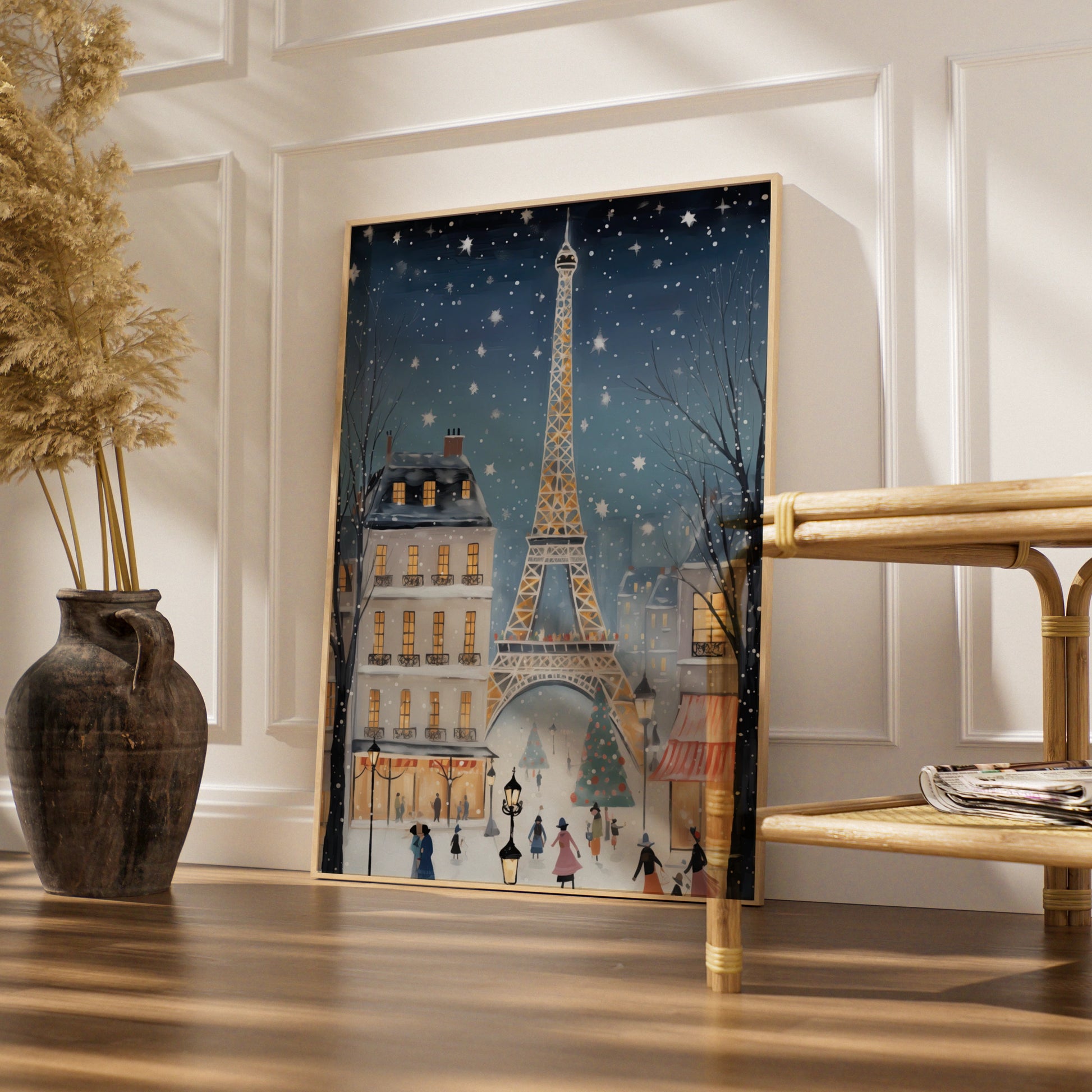 Paris Christmas Poster, Eiffel Tower Winter Snow Wall Art, Festive French Holiday Print
