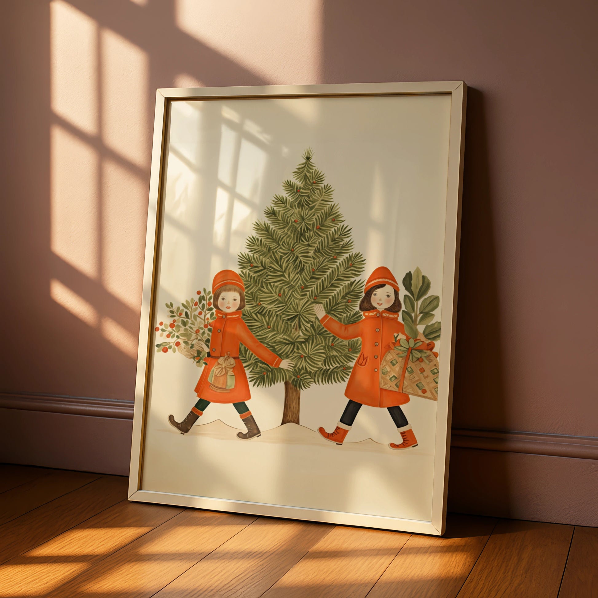 Vintage Christmas Poster, Retro Girls Christmas Tree Print, Festive Holiday Wall Art