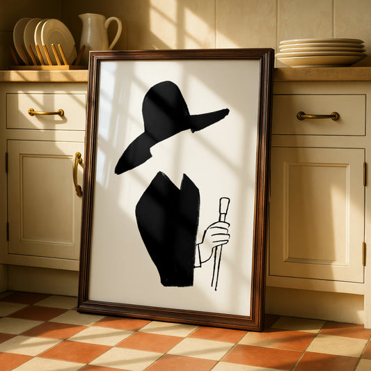 Halloween Witch Poster, Black Silhouette Art Print, Spooky Wide Brim Hat Wall Art
