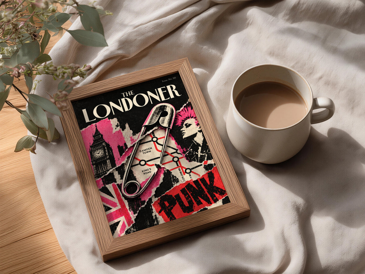 London Punk Poster, Safety Pin Wall Art, Camden Town Print, Big Ben Collage, Pink Red Black Decor