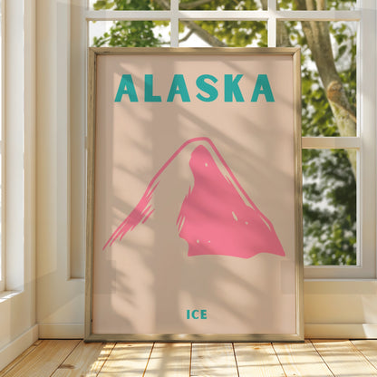 Alaska Travel Poster, Retro Mountain Ice Print, USA Wall Art, Pink Teal Minimalist Decor