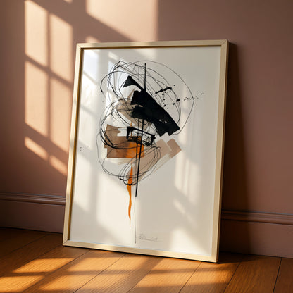Modern Abstract Wall Art, Black Orange Ink Print, Contemporary Monochrome Poster, Gallery Wall Decor