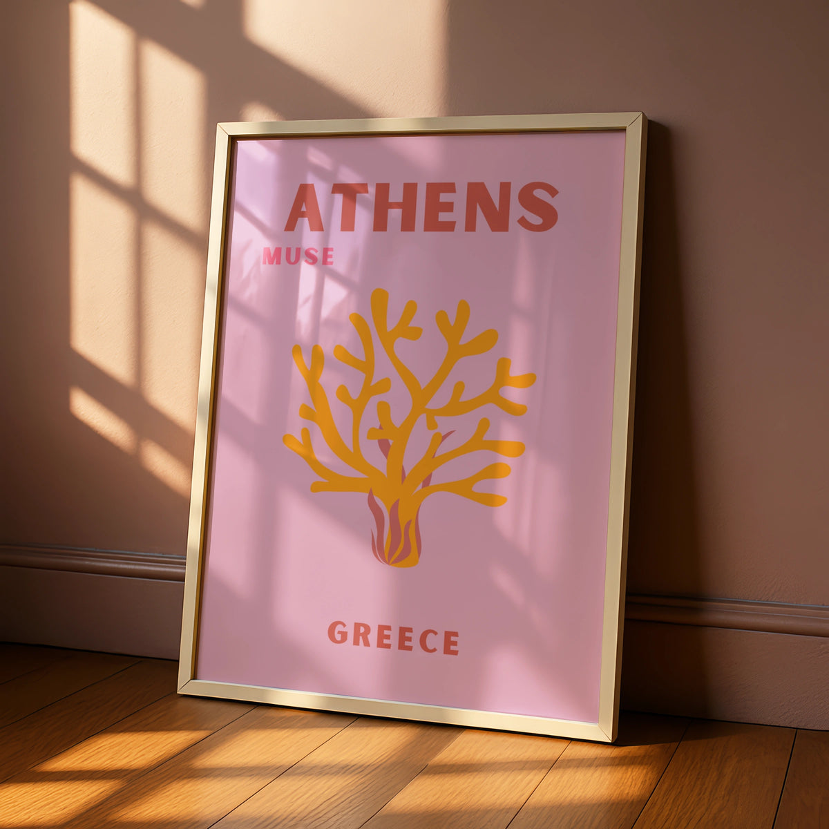 Athens Greece Travel Poster, Retro Wall Art, Pink Greek Print, Coral Botanical Decor
