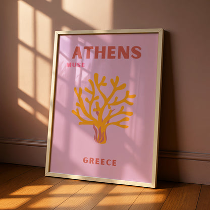 Athens Greece Travel Poster, Retro Wall Art, Pink Greek Print, Coral Botanical Decor
