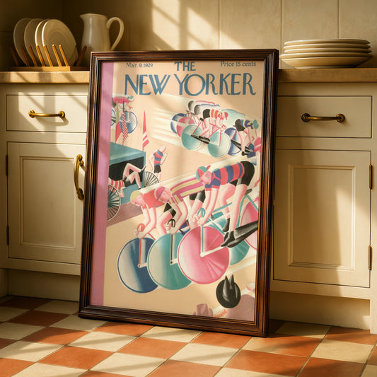 The New Yorker 1929 Cycling Race Cover Poster, Vintage Art Deco Bicycle Wall Art