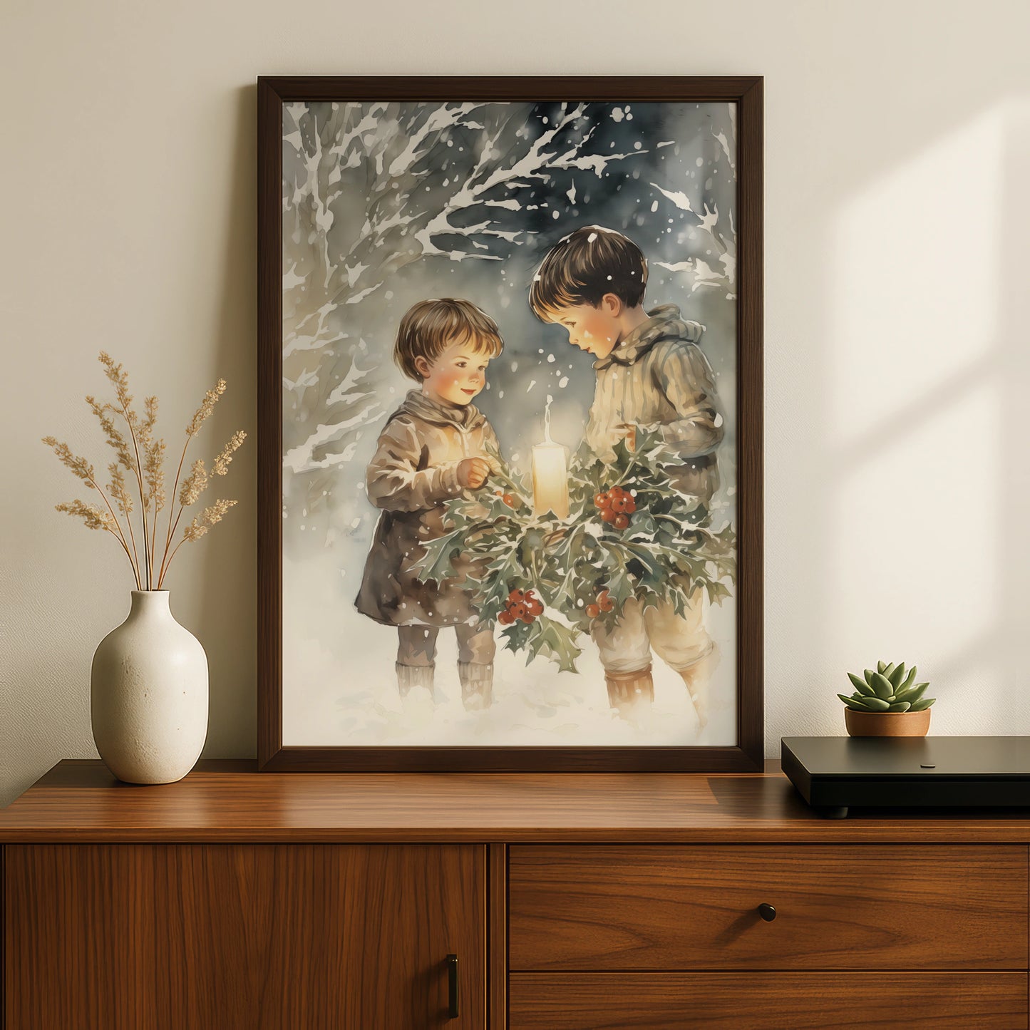 Christmas Children Holly Candle Poster, Vintage Winter Snow Watercolour Wall Art Print