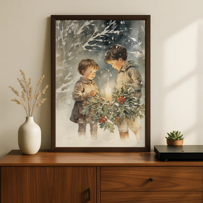 Christmas Children Holly Candle Poster, Vintage Winter Snow Watercolour Wall Art Print