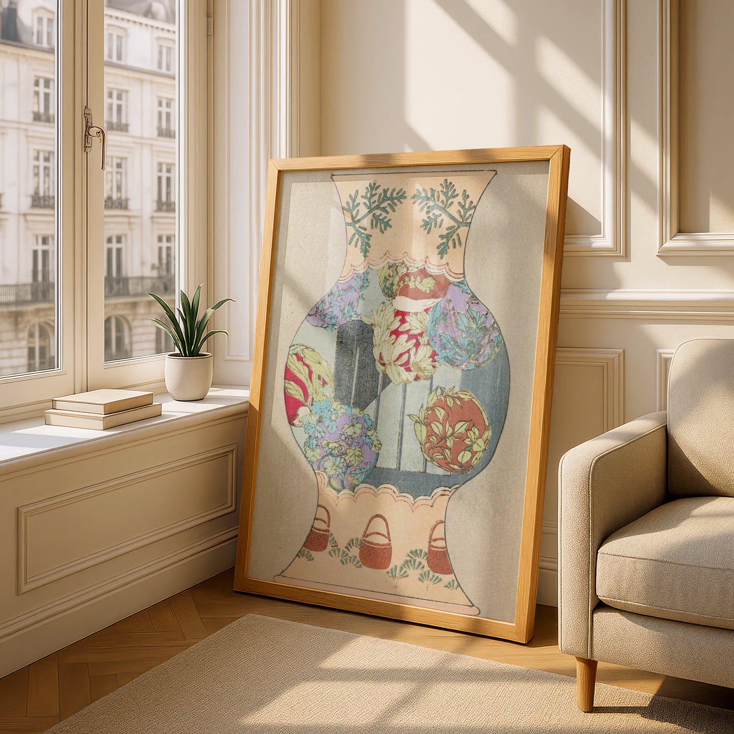 Vintage Japanese Vase Art Print, Bijutsukai 1901 Botanical Floral Japandi Wall Art Poster – A5 Oak frame