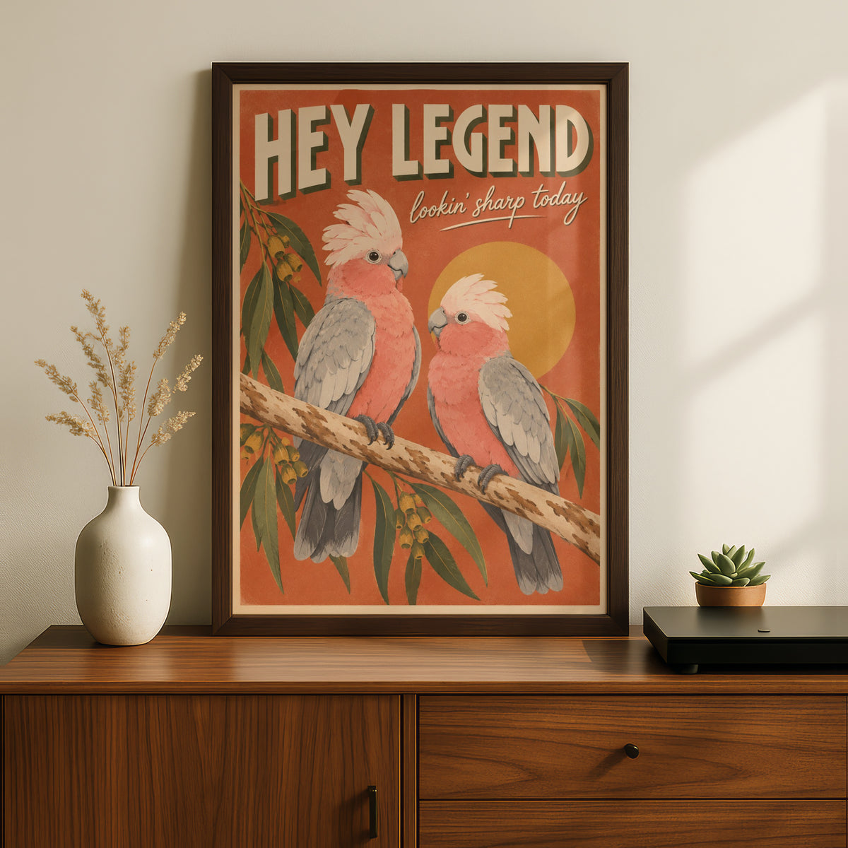 Galah Cockatoo Print, Hey Legend Australian Bird Poster, Retro Style Wall Art