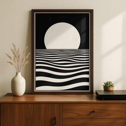 Monochrome Moon Over Ocean Waves Print, Black White Minimalist Poster, Gallery Wall Art