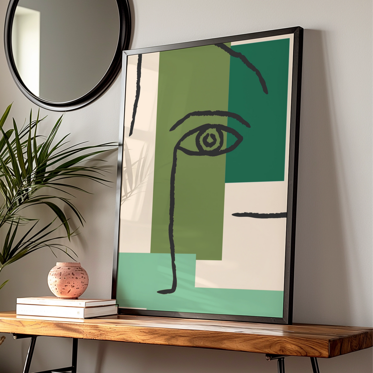 Maximalist Abstract Face Poster, Green Geometric Eye Wall Art, Modern Bold Print