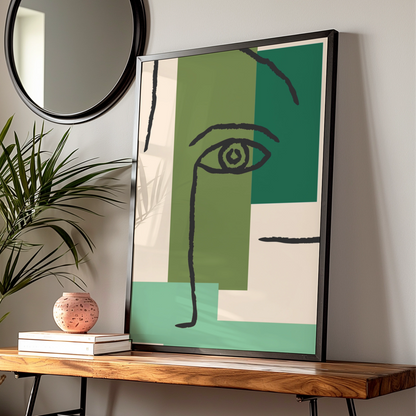 Maximalist Abstract Face Poster, Green Geometric Eye Wall Art, Modern Bold Print