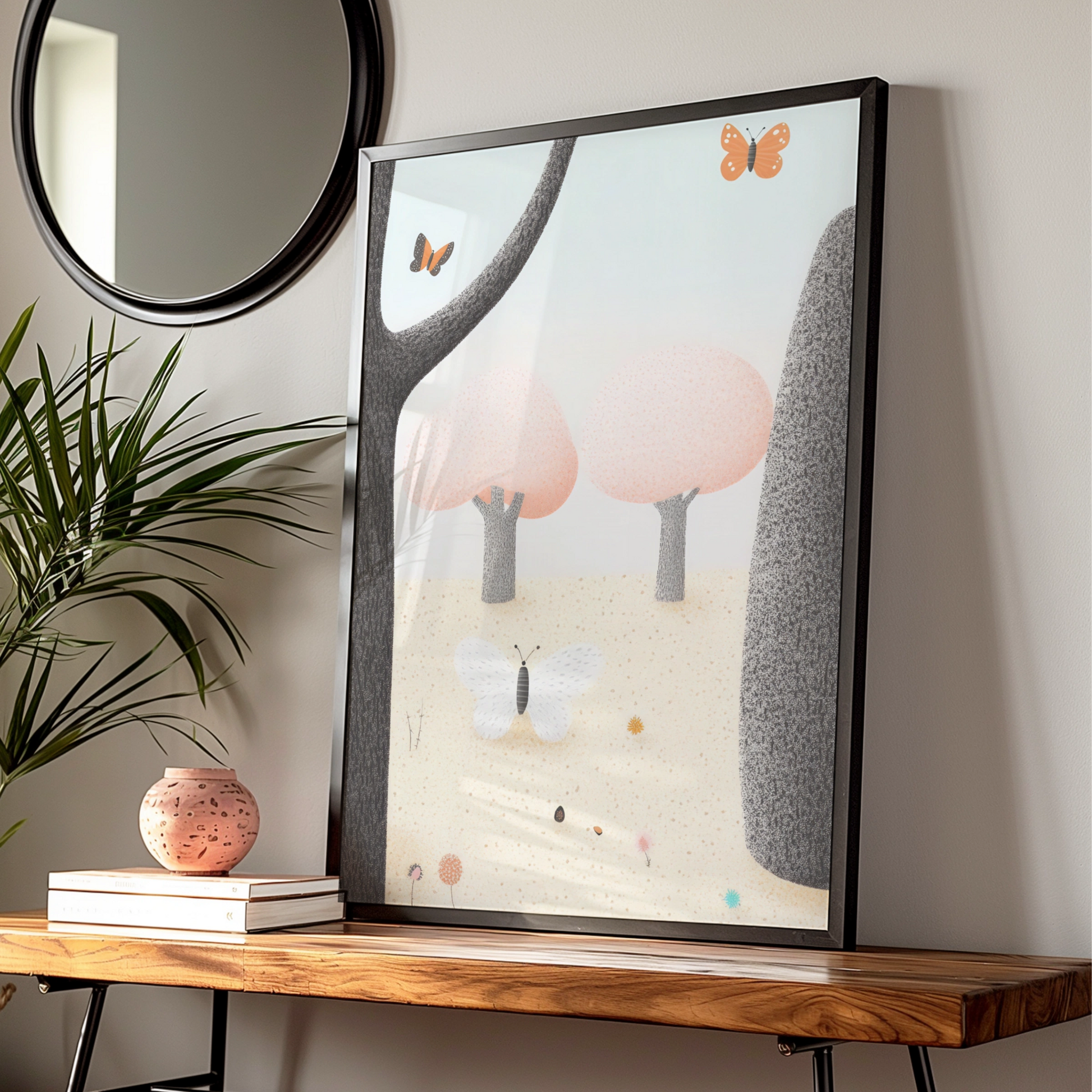 Butterfly Forest Nursery Wall Art, Pastel Nature Print, Baby Girl Room Poster, Woodland Decor