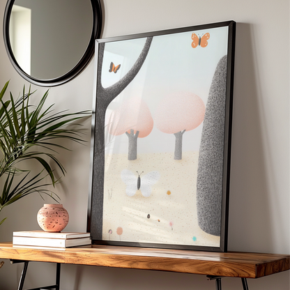 Butterfly Forest Nursery Wall Art, Pastel Nature Print, Baby Girl Room Poster, Woodland Decor