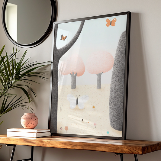 Butterfly Forest Nursery Wall Art, Pastel Nature Print, Baby Girl Room Poster, Woodland Decor