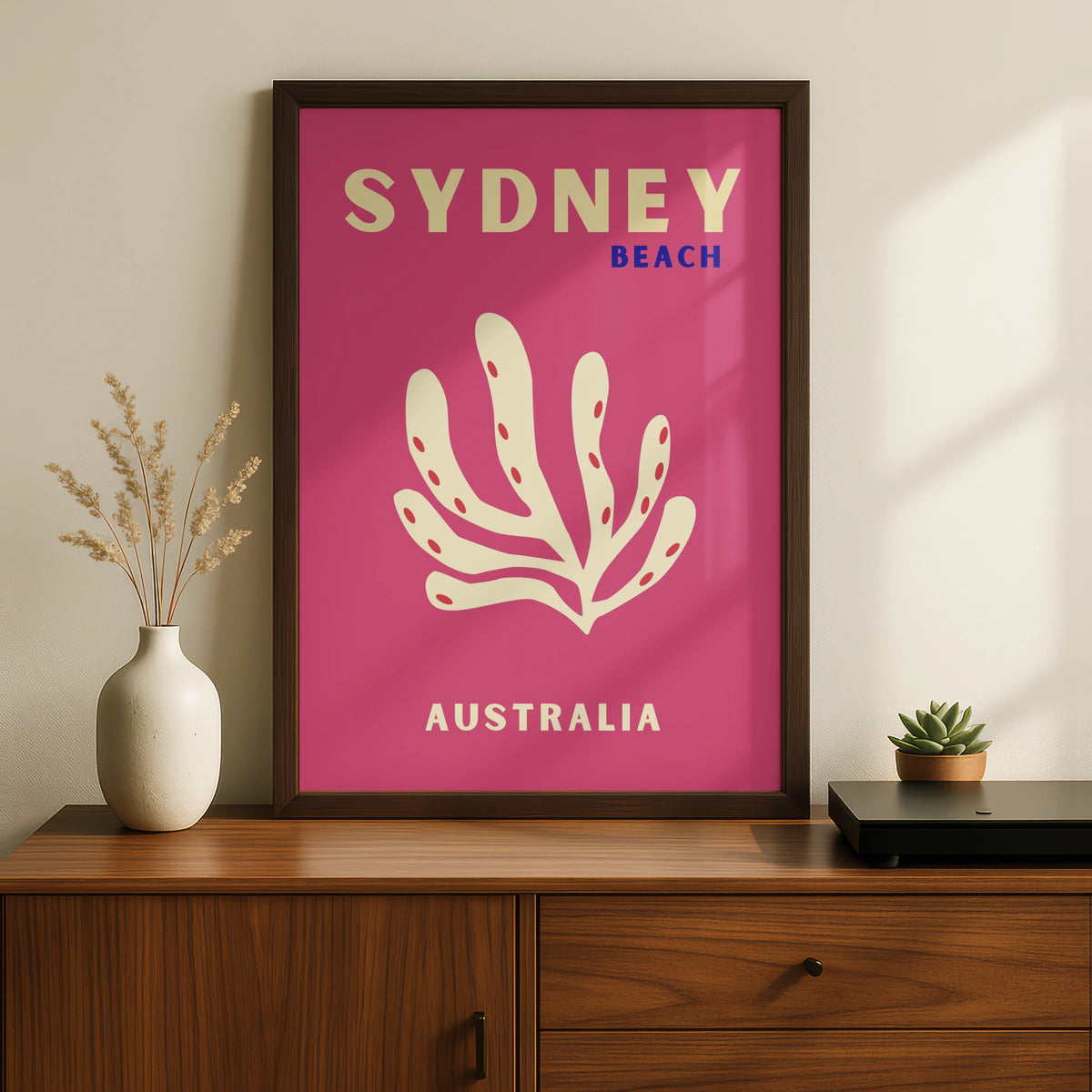 Sydney Beach Australia Travel Poster, Retro Coral Wall Art, Pink Australian Print