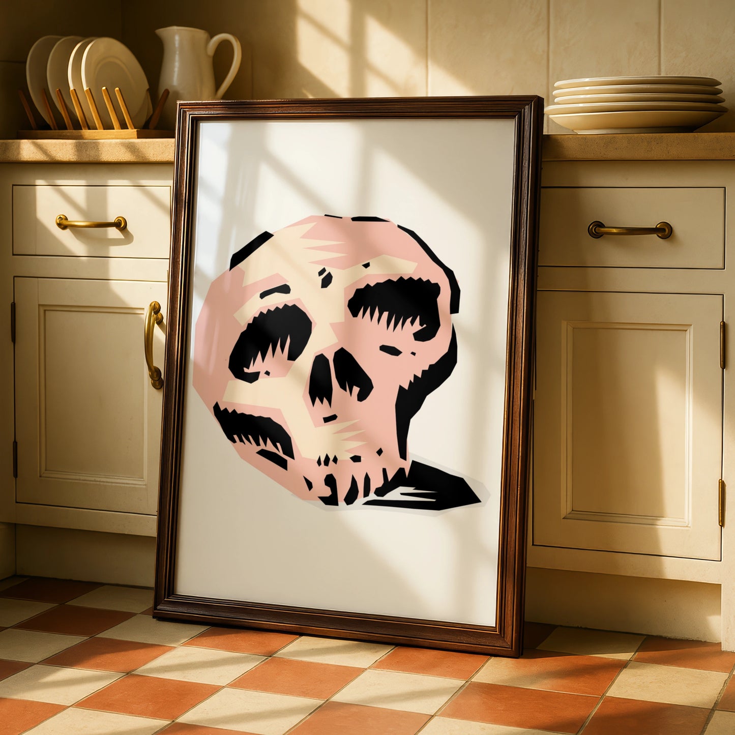 Halloween Skull Poster, Spooky Skull Wall Art, Pink Black Graphic Horror Print, Gothic Decor