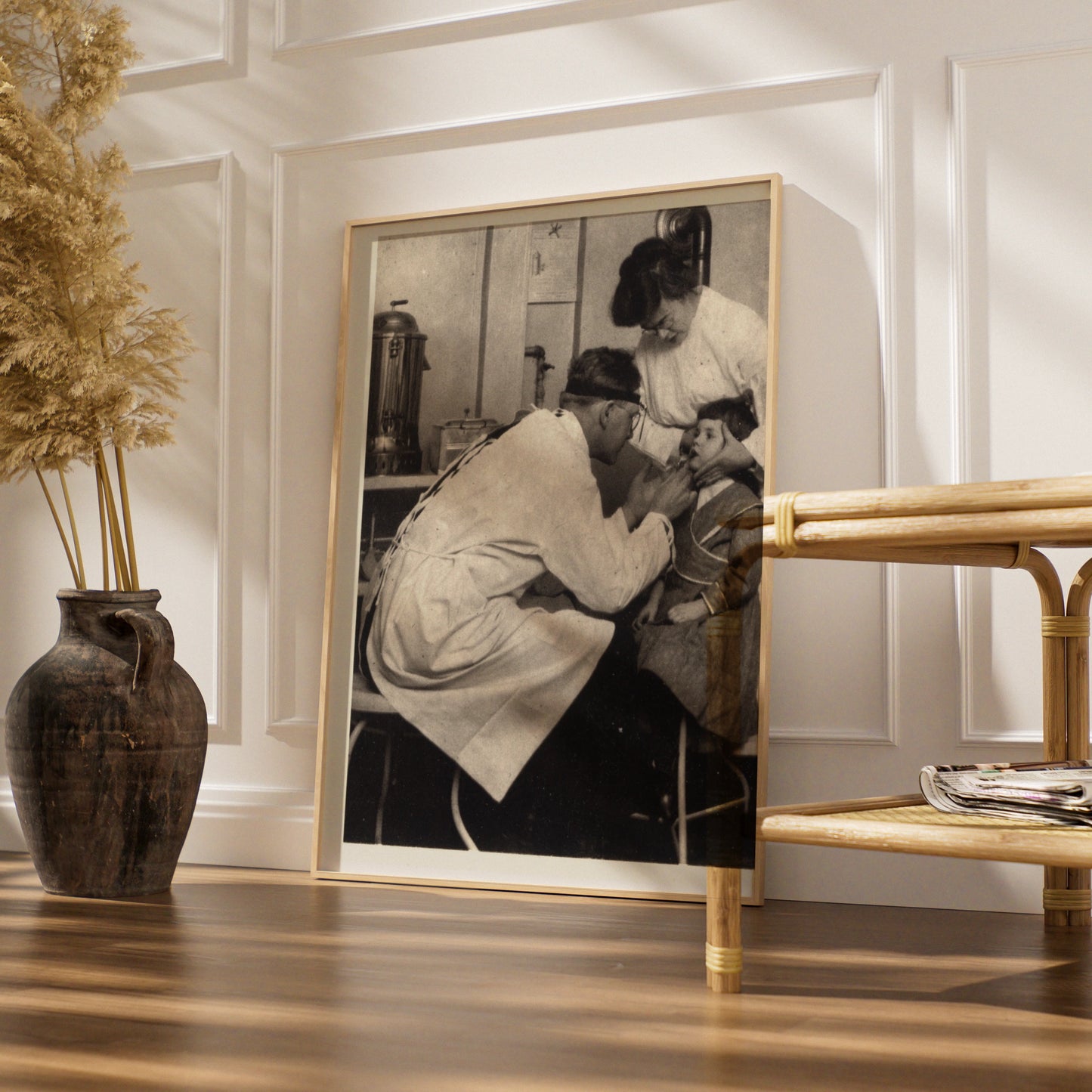 Vintage Doctor Examining Child Poster, Antique Medical Black White Photography Wall Art
