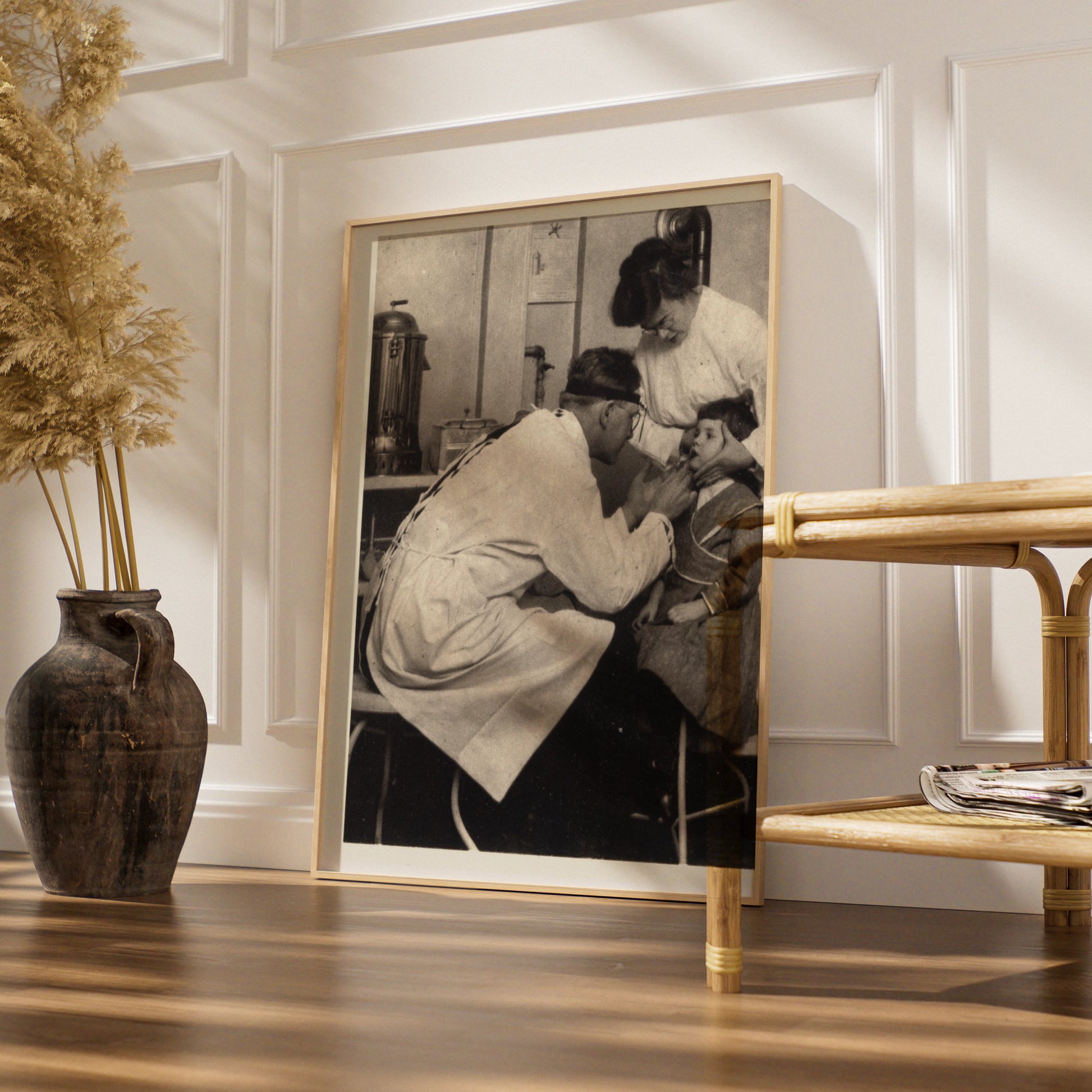 Vintage Doctor Examining Child Poster, Antique Medical Black White Photography Wall Art
