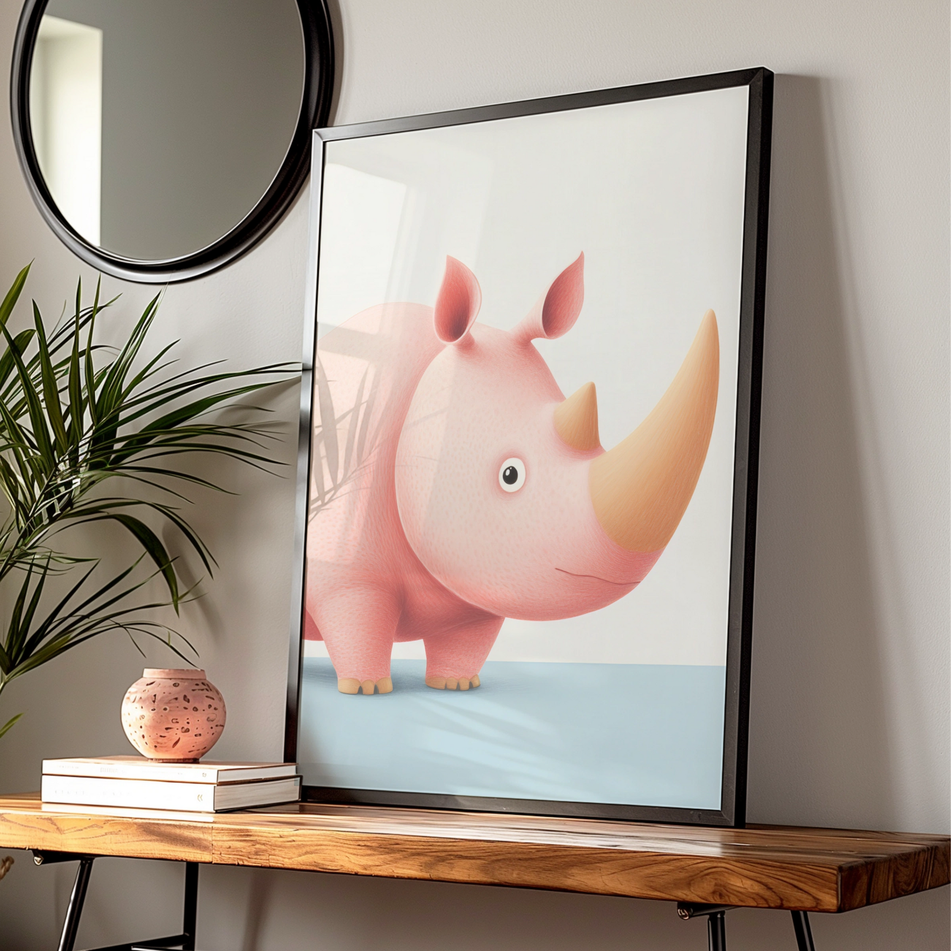 Cute Rhino Nursery Wall Art, Pink Rhinoceros Baby Print, Safari Animal Poster for Kids Room
