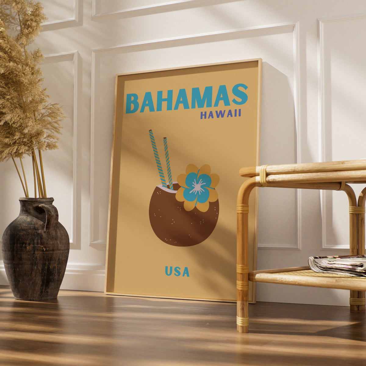 Bahamas Hawaii Travel Poster, Retro Tropical Wall Art, Coconut Drink Print, Beach Decor
