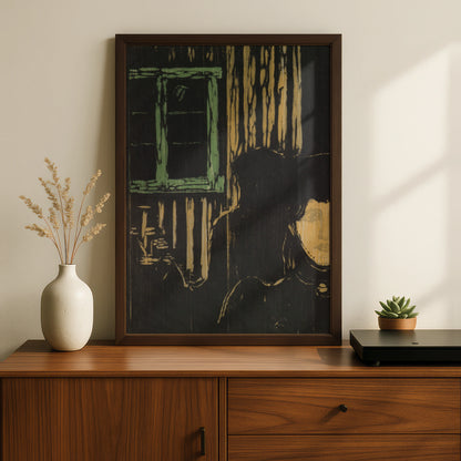 Halloween Gothic Figure Candlelight Art Print, Dark Moody Wall Poster, Woodcut Style