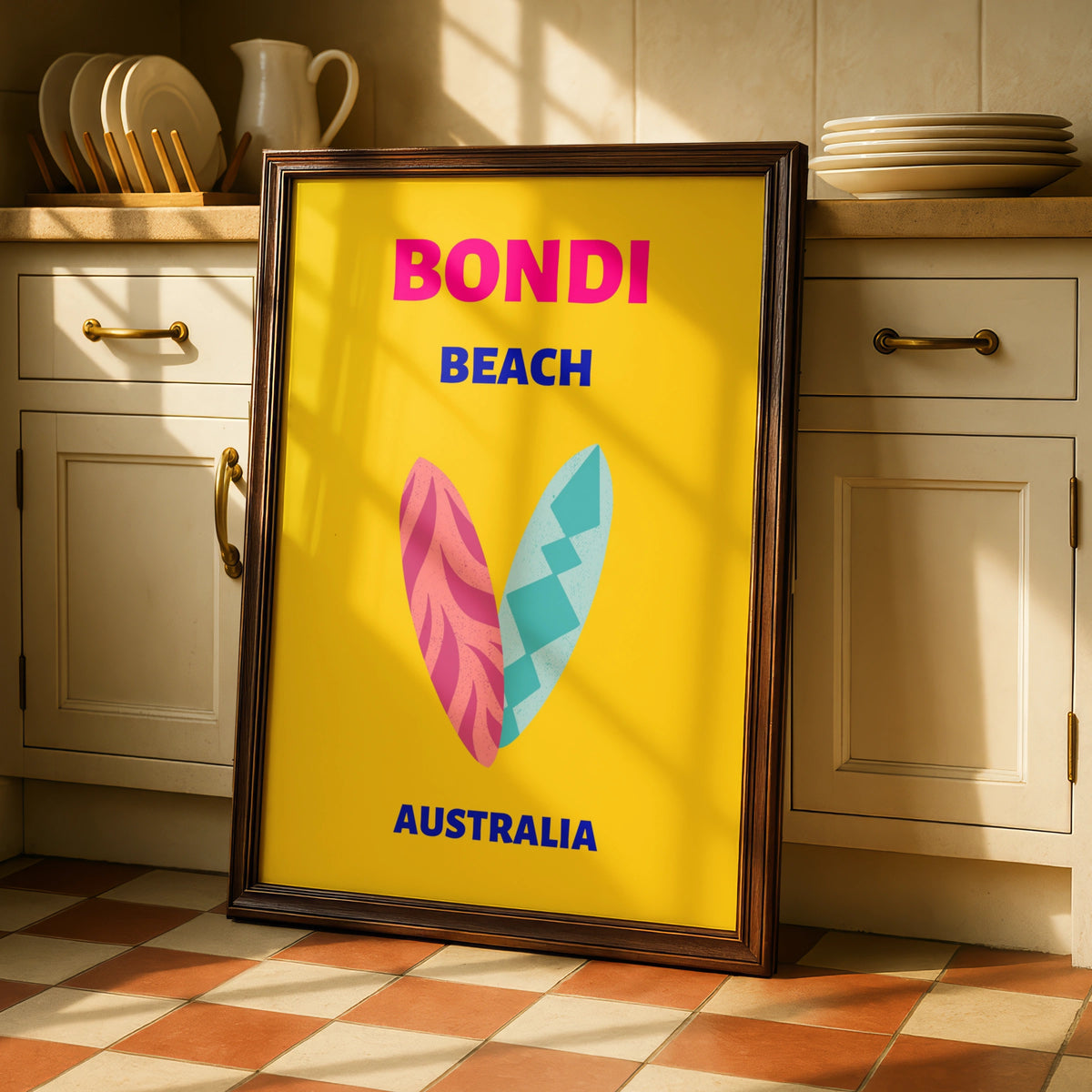 Bondi Beach Australia Travel Poster, Retro Surf Wall Art, Sydney Colourful Print