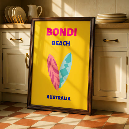 Bondi Beach Australia Travel Poster, Retro Surf Wall Art, Sydney Colourful Print