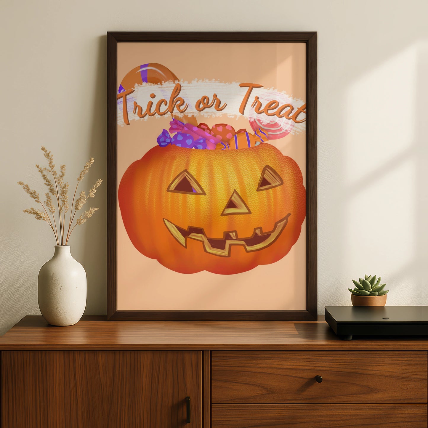 Trick or Treat Halloween Poster, Jack-o-Lantern Candy Print, Pumpkin Wall Art